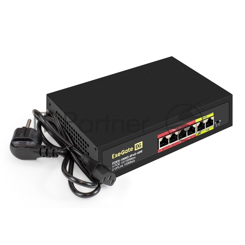 Коммутатор неуправляемый ExeGate EDES-1006D.4PoE-48W (6-портовый UTP 10/100 Base-Tx: 4 порта 802.3af (PoE), мощность PoE: 25W, суммарно 48W, 2 порта RJ45 uplink, настенный/настольный, металлический корпус)