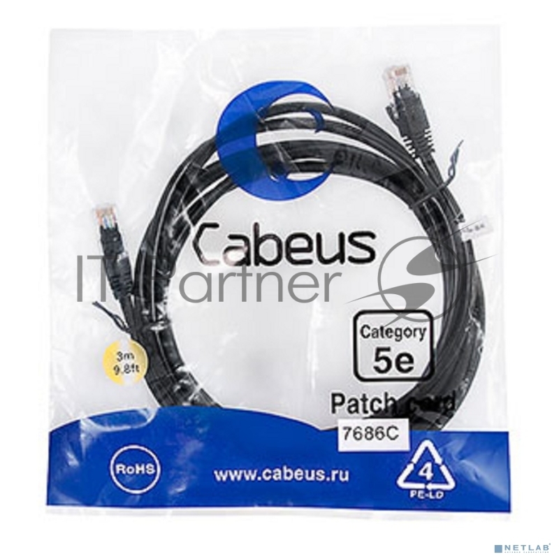 Шнур комм. Cabeus, кат. 5е, неэкр., U/UTP, RJ45/RJ45, PVC, AWG24, 3м, чёрный