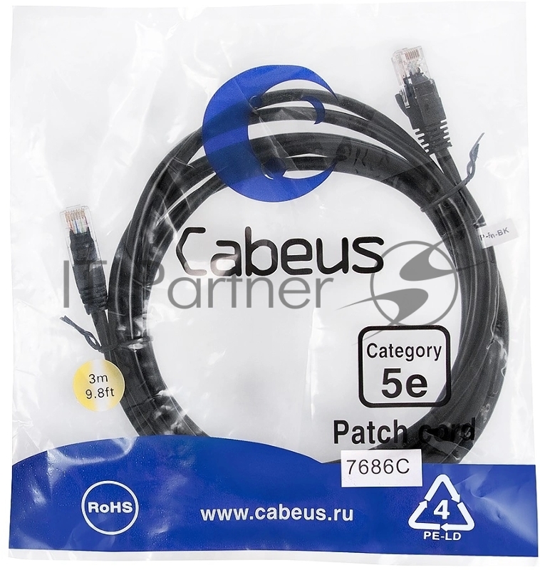 Шнур комм. Cabeus, кат. 5е, неэкр., U/UTP, RJ45/RJ45, PVC, AWG24, 3м, чёрный
