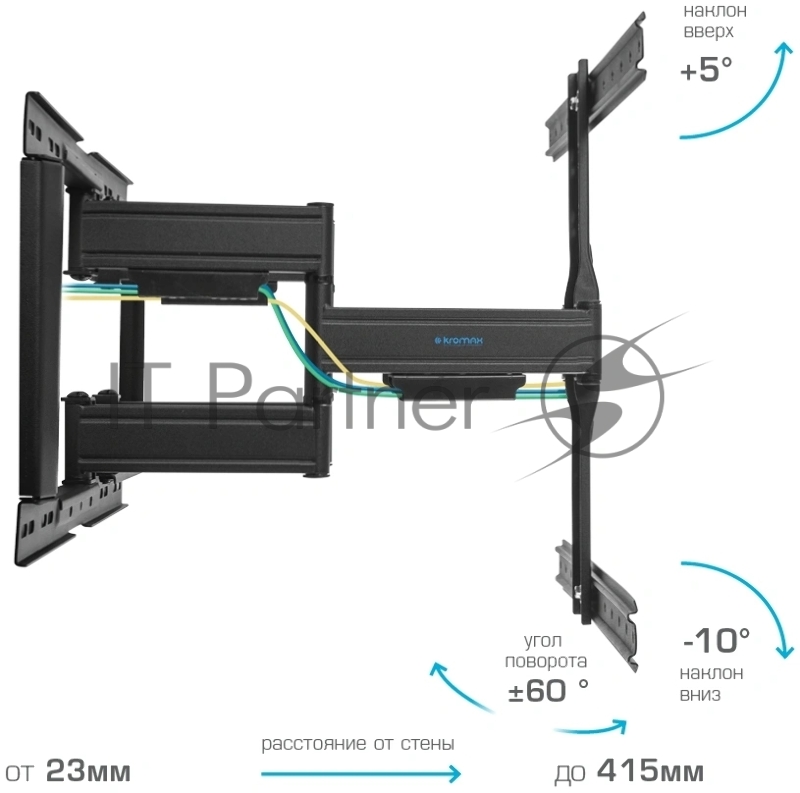 Кронштейн для телевизора Kromax Ultra Slim-102 black, 3 шт/уп. Кр. стал. наст. для TV 32-90, max 60 кг, накл. +5°-10°, пов. ±60° от ст. 23-415 мм, max VESA 600x400 мм.