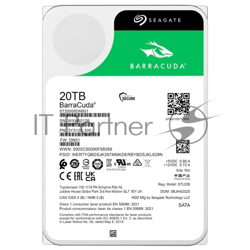 Жесткий диск HDD Seagate SATA3 20Tb BarraCuda 6Gb/s 7200 512Mb 1 year warranty