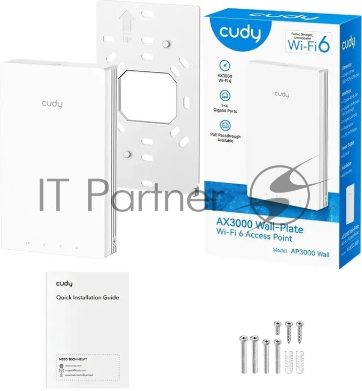 Точка доступа Wi-Fi CUDY AX3000 Gigabit Wall-Plate Wi-Fi 6 Access Point AX3000 Dual Band Wi-Fi 6 Wall Plate Access Point, Chipset MT7981+MT7531AE+MT7976CN, 802.11ax/ac/a/b/g/n, 2402Mbps at 5GHz + 574Mbps at 2.4GHz, 1 x Gigabit PoE-IN Port, 802.3af /