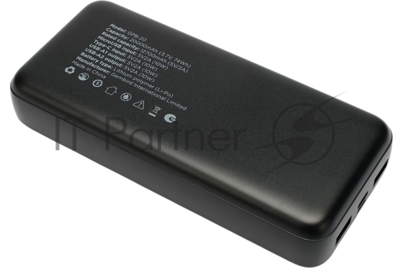 Портативный аккумулятор Gembird GPB-20, 20000мАч, 2A, черный