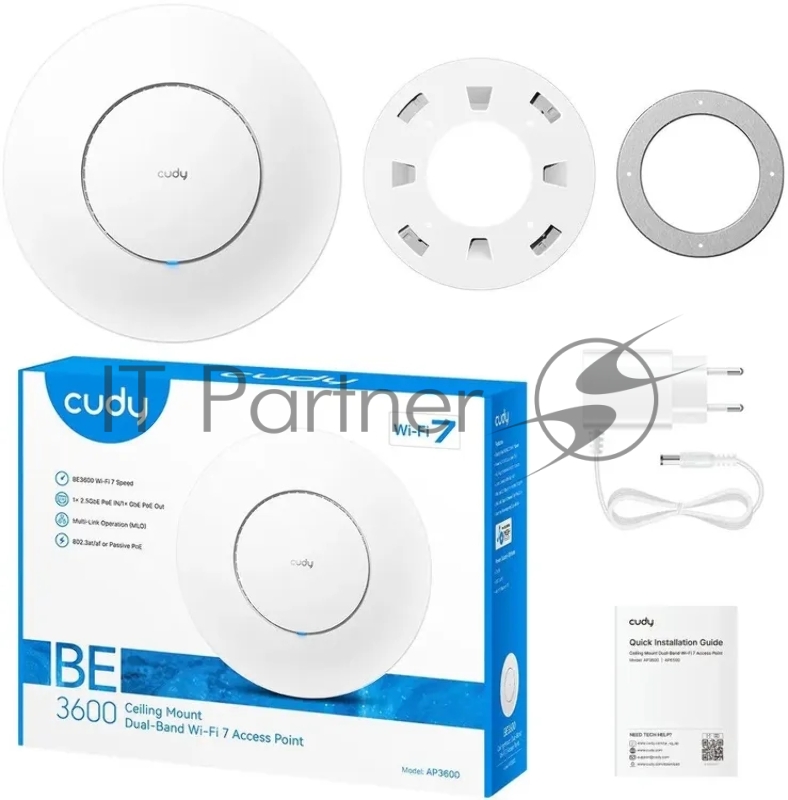 Точка доступа Wi-Fi CUDY BE3600 Wi-Fi 7 2 5G Access Point BE3600 Dual Band Ceiling Mount Wi-Fi 7 Access Point, Chipset Broadcom, 802.11be/ax/ac/a/b/g/n, 2880Mbps at 5GHz +688Mbps at 2.4GHz, 1 x 2.5G RJ45 Port, MU-MIMO, Support 12V DC or 802.3at PoE