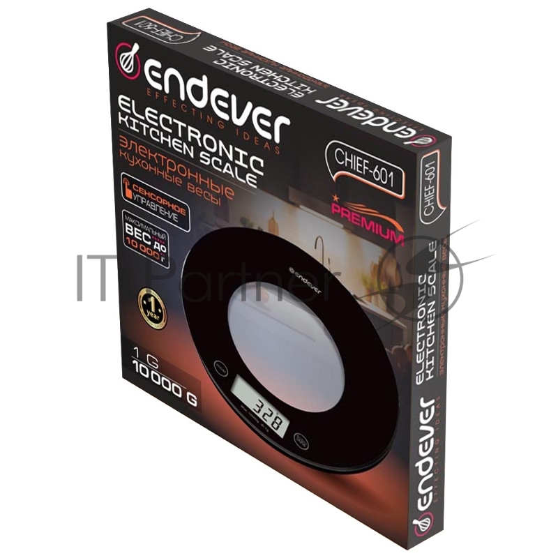 Весы кухонные электронные Endever Chief-601, черный, вес от 5 г до 5 кг, LCD-дисплей,закаленное стекло, 20 шт./уп.