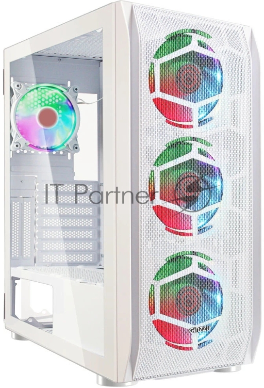 Компьютерный корпус Ginzzu GL 390 боковая дверца закаленное стекло на петлях на магнитах, controller CRC10, 4* 12R6W FAN 12CM RGB Белый