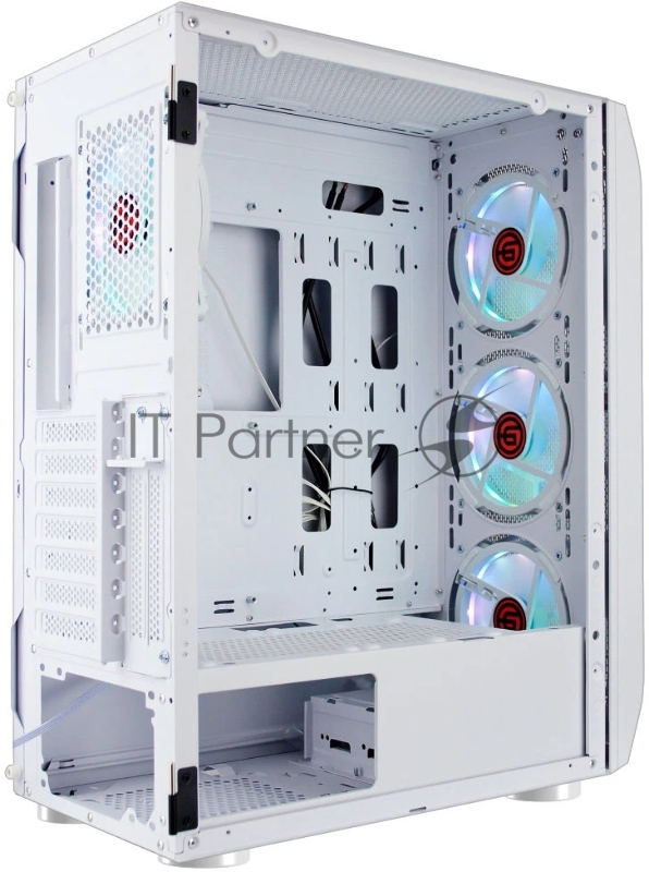 Компьютерный корпус Ginzzu GL 390 боковая дверца закаленное стекло на петлях на магнитах, controller CRC10, 4* 12R6W FAN 12CM RGB Белый