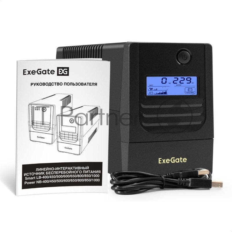 ИБП ExeGate Smart LB-650.LCD.AVR.2SH.USB (650VA/390W, LCD, AVR, 2*Schuko, USB, батарея 12V 7Ah, Black)