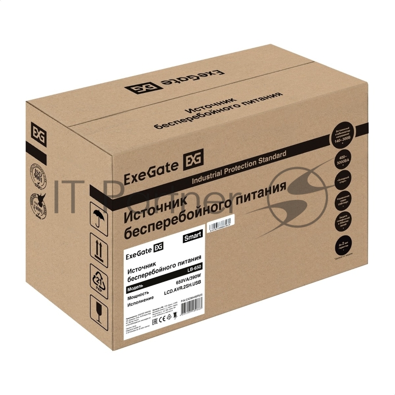 ИБП ExeGate Smart LB-650.LCD.AVR.2SH.USB (650VA/390W, LCD, AVR, 2*Schuko, USB, батарея 12V 7Ah, Black)