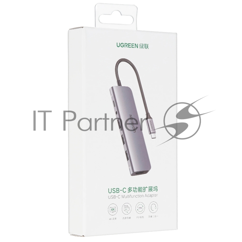 Хаб UGREEN CM136-80132 Type C to 3 USB 3.0 + HDMI(4K@30Hz) + USB-C PD(100W) + AUX(3.5mm), Space Gray