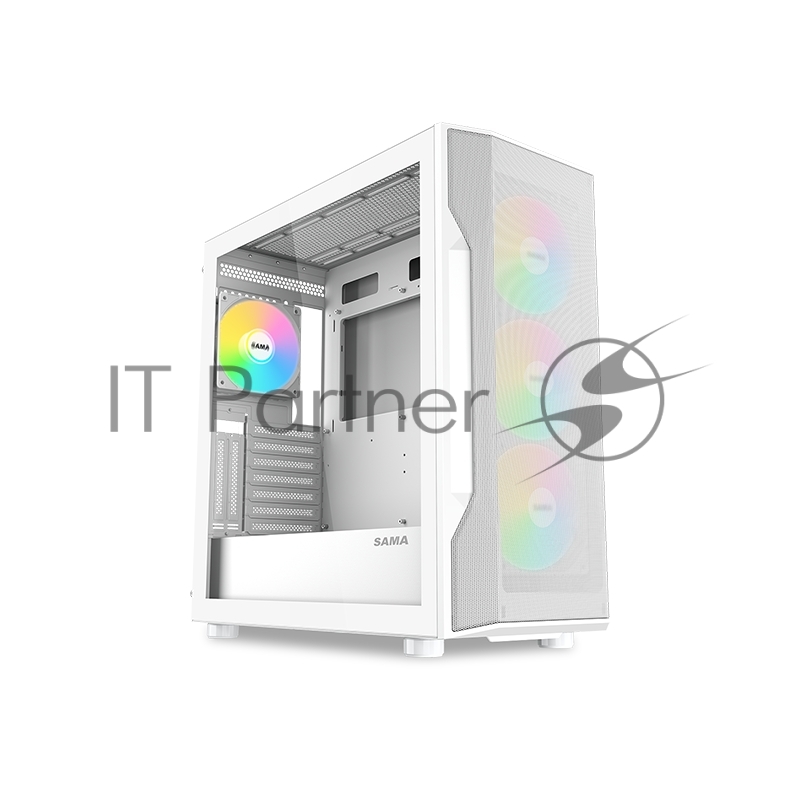 Корпус ПК без блока питания SAMA S40 White, Midi-Tower, TG, 4x120mm ARGb, 2xUSB 3.0 + 1xUSB 3.1 Type-C, ATX, mATX, mITX White