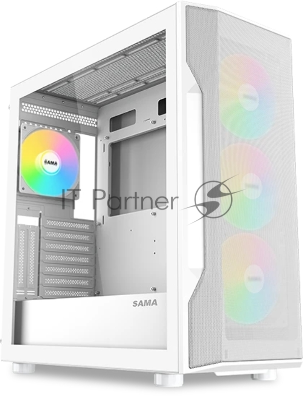 Корпус ПК без блока питания SAMA S40 White, Midi-Tower, TG, 4x120mm ARGb, 2xUSB 3.0 + 1xUSB 3.1 Type-C, ATX, mATX, mITX White