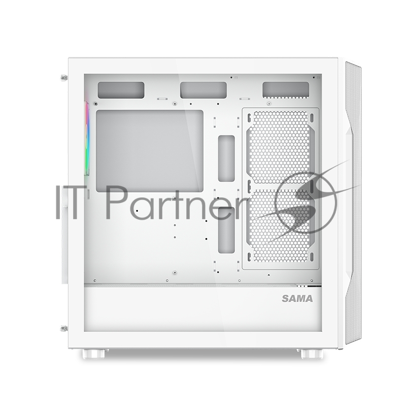 Корпус ПК без блока питания SAMA S40 White, Midi-Tower, TG, 4x120mm ARGb, 2xUSB 3.0 + 1xUSB 3.1 Type-C, ATX, mATX, mITX White