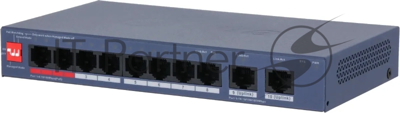 Коммутатор управляемый DAHUA DH-CS4010-8ET2GT-110 8-портовый PoE 8 RJ45 10/100Мбит/с (PoE/PoE+/Hi-PoE/IEEE 802.3bt), 2 RJ45 10/100/1000Мбит/с (uplink) 1~2 до 90Вт, 3~8 до 30Вт, суммарно до 110Вт