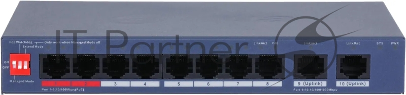 Коммутатор управляемый DAHUA DH-CS4010-8ET2GT-110 8-портовый PoE 8 RJ45 10/100Мбит/с (PoE/PoE+/Hi-PoE/IEEE 802.3bt), 2 RJ45 10/100/1000Мбит/с (uplink) 1~2 до 90Вт, 3~8 до 30Вт, суммарно до 110Вт