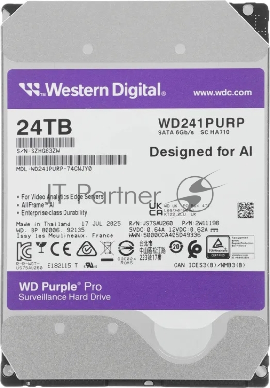 Жесткий диск WD SATA-III 24TB WD241PURP Purple Pro (7200rpm) 512Mb 3.5
