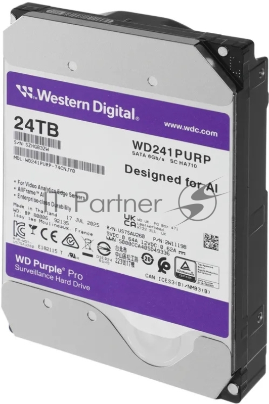 Жесткий диск WD SATA-III 24TB WD241PURP Purple Pro (7200rpm) 512Mb 3.5