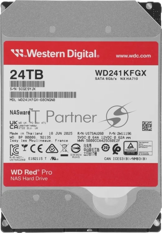 Жесткий диск WD SATA-III 24TB WD241KFGX Red Pro (7200rpm) 512Mb 3.5