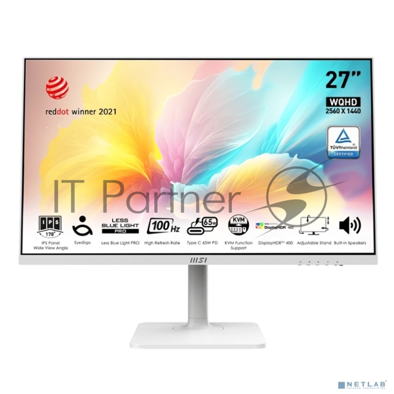 Монитор 27 MSI Modern MD272QXPW IPS 2560x1440, 100 Гц, 4 мс, 16:9, 400 кд/м², HDMI 2.0b, DP 1.2a, USB-C (98 Вт), USB Hub (2x USB 2.0), 3.5 Jack, HDR10, белый