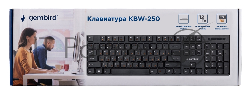 Беспроводная клавиатура Gembird KBW-250, полноразмерная, 104кл, 12Fn, низкий профиль, 2.4 ГГц, черная