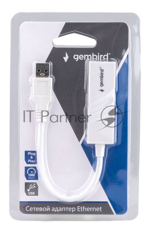 Сетевой адаптер Ethernet Gembird NIC-U11, USB 3.0 - Gigabit Ethernet adapter, пластик, белый, RTL8153